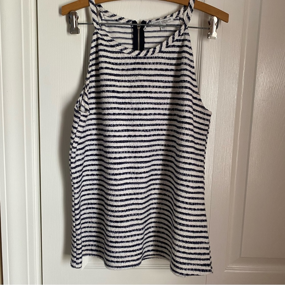 Green Envelope Navy White Striped Tank Halter Top L Nautical Coastal Retro Soft